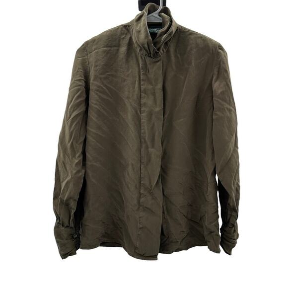 Gitman Bros 100%‎ Silk Olive Green Mock Neck Button Down Shirt Size 4 - Picture 1 of 9